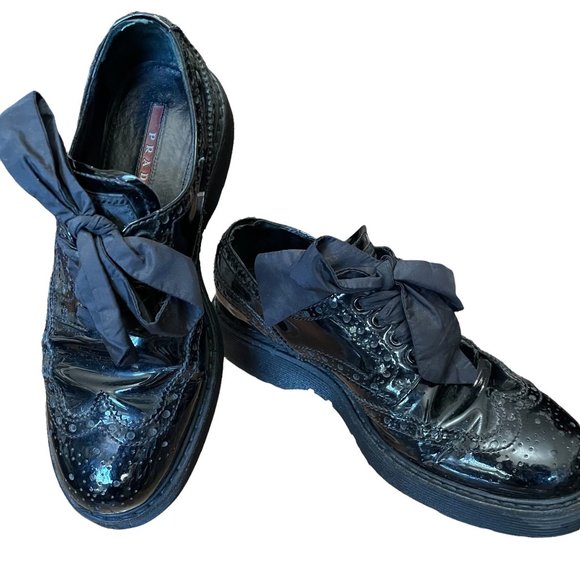 Prada Women's Black Patent Leather Oxford Style Shoes with Taffeta Ribbo… - Picture 1 of 16
